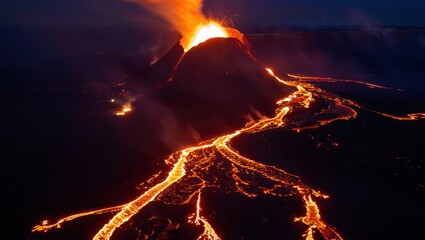 Fiery volcano eruption with glowing lava flow at night