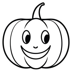 Whimsical black and white line art illustration of a friendly pumpkin with large expressive cartoon eyes perfect for halloween decorations