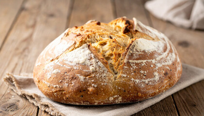 Freshly baked Irish soda bread on rustic wooden table. Tasty food.