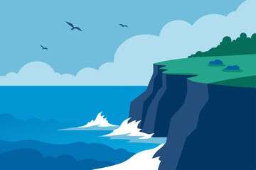 coastal cliffside with crashing waves and seabirds 