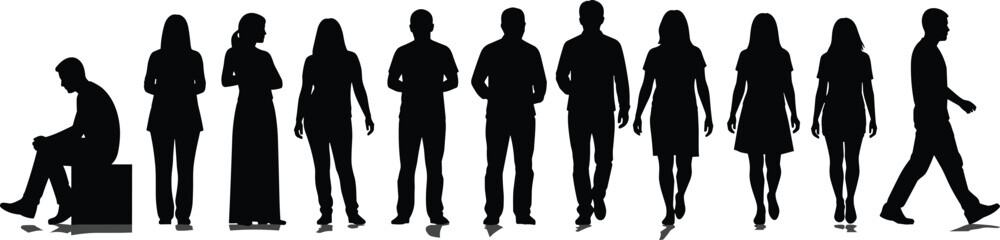 Silhouettes of diverse people, standing, walking, sitting, unity, diversity, human figures, life stages, black, white, contrast, isolated, group, movement, stillness, representation