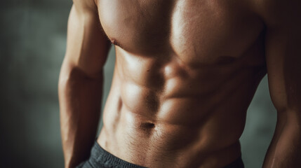 Fototapeta premium Muscular male chest and defined abs showcase strength and fitness, highlighting body anatomy and healthy lifestyle in a powerful and dynamic pose with clear lighting.