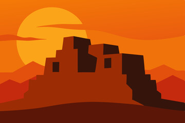 desert cliff dwelling ruins under a vibrant orange.svg