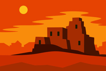Fototapeta premium desert cliff dwelling ruins under a vibrant orange 