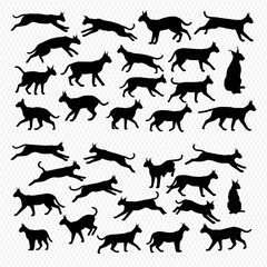 A collection of black cat silhouettes in various poses, including standing, sitting, jumping, and walking, against a neutral background.