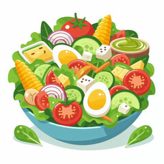 Salad bowl lettuce tomato cucumber eggs corn onion feta spinach cheese dressing