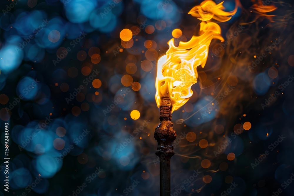Poster torch burning brightly against a dark, blurred background with bokeh effect, creating a dramatic and
