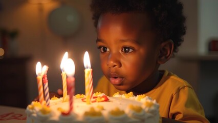 Dark-skinned boy looking at birthday cake with burning candles