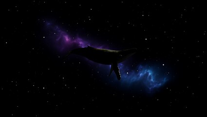 A humpback whale swims through a colorful nebula in deep space