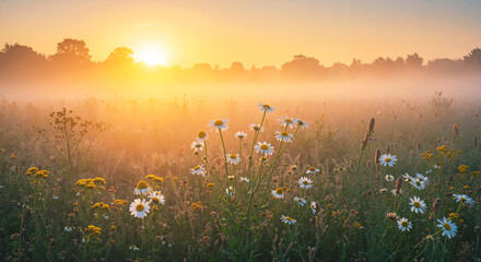  Sunlit meadow with daisies and other wild flowers at golden hour of sunset or sunrise. Serene spring or summer landscape with light fog and forest in the background