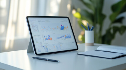 Tablet with graphs and charts on screen, resting on table, business analytics concept