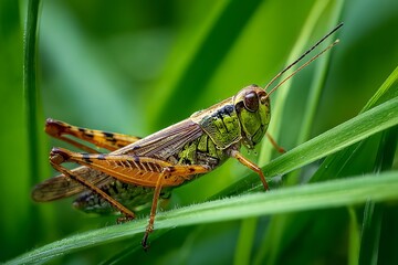 Fototapeta premium Macro shot of a grasshopper perched on blades of vibrant green grass