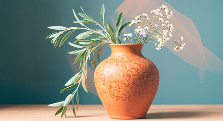 Still life with clay vase with white flowers on abstract blue background