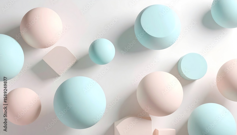 Wall mural soft pastel 3d shapes floating against a white background with subtle shadows showing geometric comp