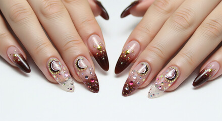 A manicured set of long, almond-shaped nails in varying shades of brown and soft pink. Some nails feature intricate designs with crescent moons and colorful stones.