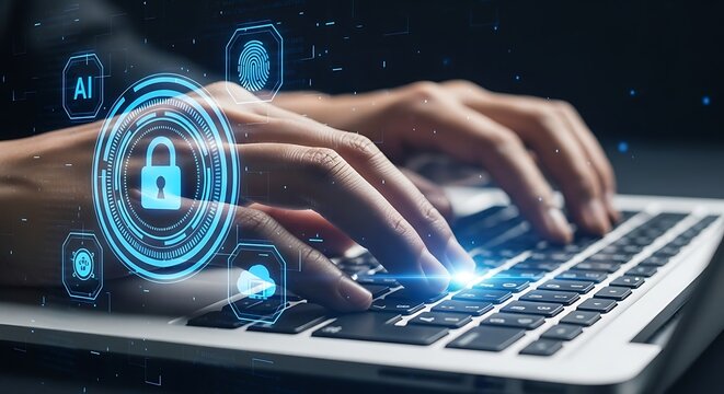 Person typing on a laptop with digital security icons and a glowing padlock overlay