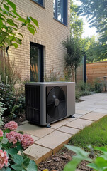 Residential HVAC unit in landscaped backyard setting. Air conditioning system, climate control equipment on green grass