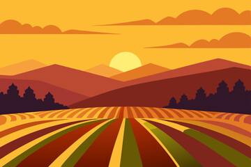 Obraz premium golden hour over a vineyard with rows of grapevine