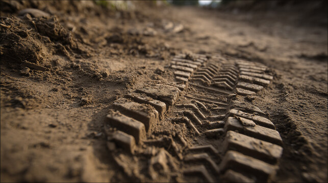 Tire tracks on rough soil show detailed texture and patterns, representing travel, adventure, and off-road journeys in a natural outdoor environment.