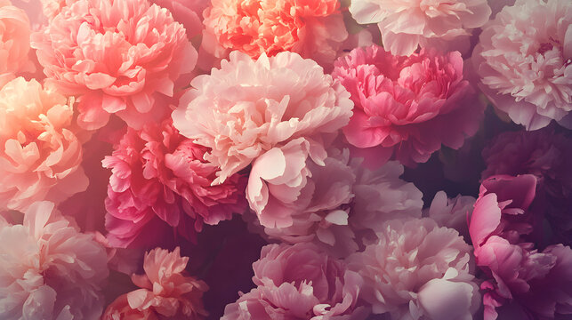 un dise&ntilde;o floral con flores peonias dentro de un marco en tonos rosa pastel estilo romantico y vintage con textura para cuadro decorativo botanico y ornamental 