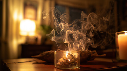 Burning sage smoke swirl floating above wooden table, soft natural light, healing energy theme, editorial photo style
