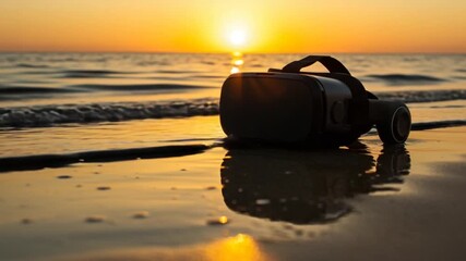 VR Headset on a Beach at Sunset: Exploring Virtual Reality in Nature's Beauty - Powered by Adobe