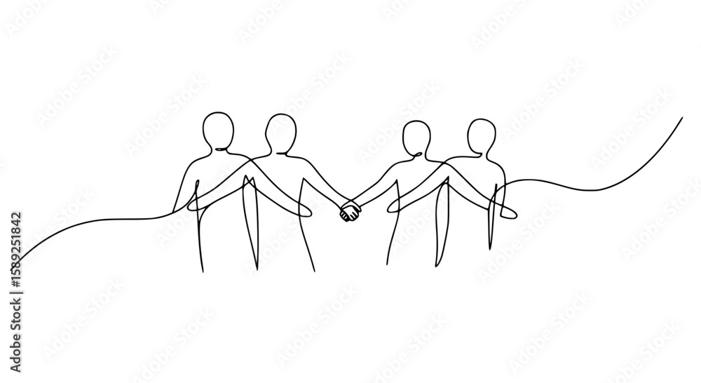Poster group of four people holding hands in a continuous line drawing - concept of single line outline vec
