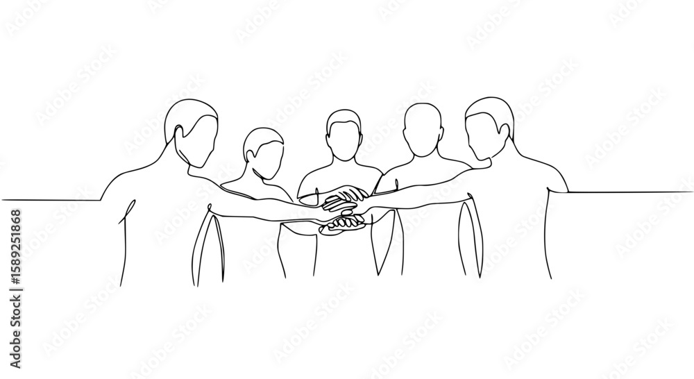 Poster five people connecting hands in unity for single line outline vector peace day