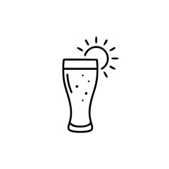 Simple vector linear icon of a beer glass with sun, International Beer Day    