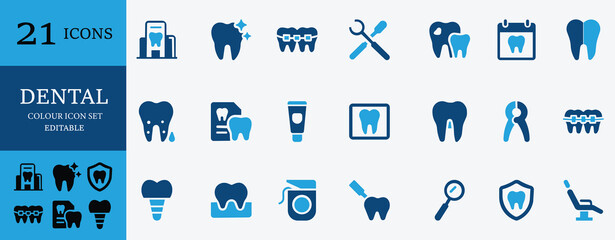 Dental icons with teeth, dentist, braces, hygiene, tools, and treatment elements. Perfect for clinics, oral care, and health designs
