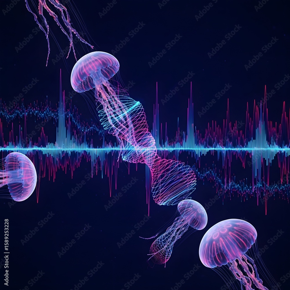 Poster abstract digital artwork featuring bioluminescent jellyfish interacting with sound wave visualizatio