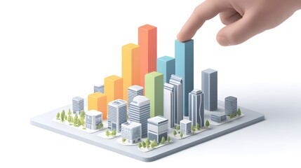 Fototapeta premium Digital isometric skyline with bar graph growth above hand