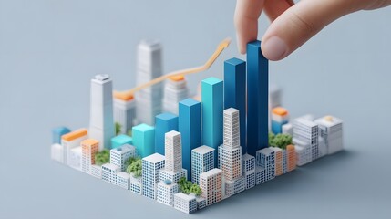 Digital isometric skyline with bar graph growth above hand