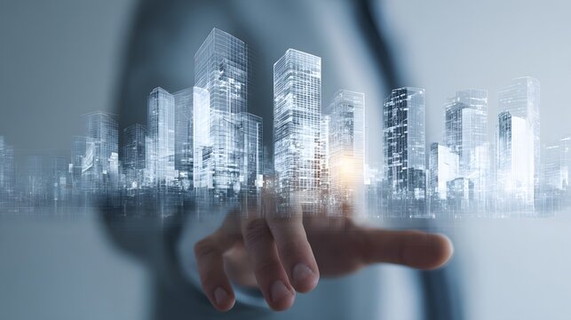 Flat dashboard overlay on flat skyscraper group in hand