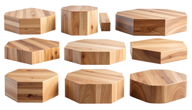 Abstract Wood Platform Pedestals – 3D Rendering of Modern Exhibition Stands, Transparent PNG - Powered by Adobe