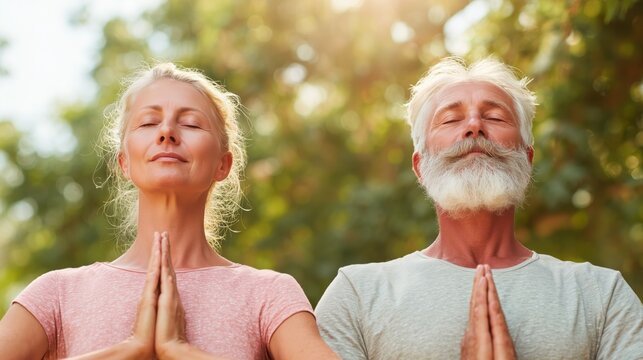 Senior couple meditating outdoors with eyes closed, hands in prayer pose, enjoying peaceful yoga practice in the park, promoting mindfulness, relaxation, and healthy aging.