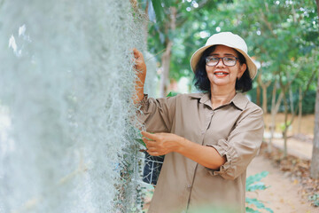 Elderly woman enjoying nature and gardening, Asian senior woman practicing mindfulness in the garden.