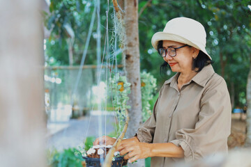 Elderly woman enjoying nature and gardening, Asian senior woman practicing mindfulness in the garden.