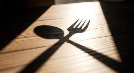 Dramatic light over Spork shadow crossing each other on wooden table surface fork spoon