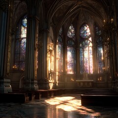 Ornate Church Interior with Stained Glass Windows
