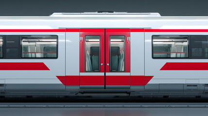 White train carriage with a bold red stripe, showcasing modern transportation design and clean lines in a minimal, professional setting.