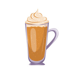 Pumpkin spice latte coffee cup for autumn menu or greeting card design. Coffee with whipped cream. Isolated vector illustration.