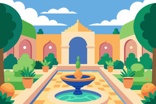 peaceful garden courtyard with mosaic tiles  fount 