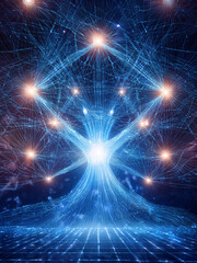 Futuristic brain web with glowing lines and surreal digital style
Surreal AI network with radiant center and glowing neural branches