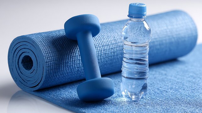Blue yoga mat with dumbbell and water bottle for fitness and healthy lifestyle - Powered by Adobe