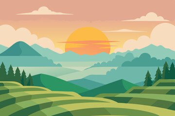 peaceful sunrise over misty rice terraces 