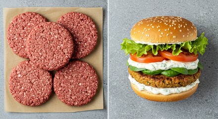 Uncooked plant based burger patties on paper next to a assembled vegan burger sandwich