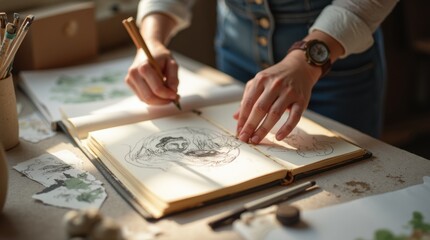 Artist hands flipping a sketchbook page, soft sunlight on paper texture, creative studio environment.

