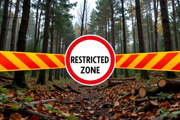 Restricted Zone in the Wilderness: A stark warning of a restricted zone, marked by a clear sign and barrier, stands guard within a dense forest, conveying a message of protection and caution.