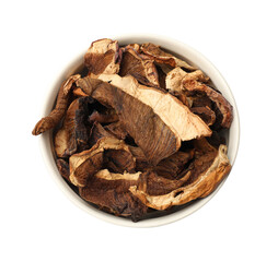 Pieces of dried mushrooms in bowl isolated on white, top view